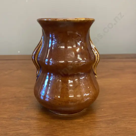 Crown Lynn Potteries Small Brown Curvy Vase Incised Shape Number 129 To Base. 10cm